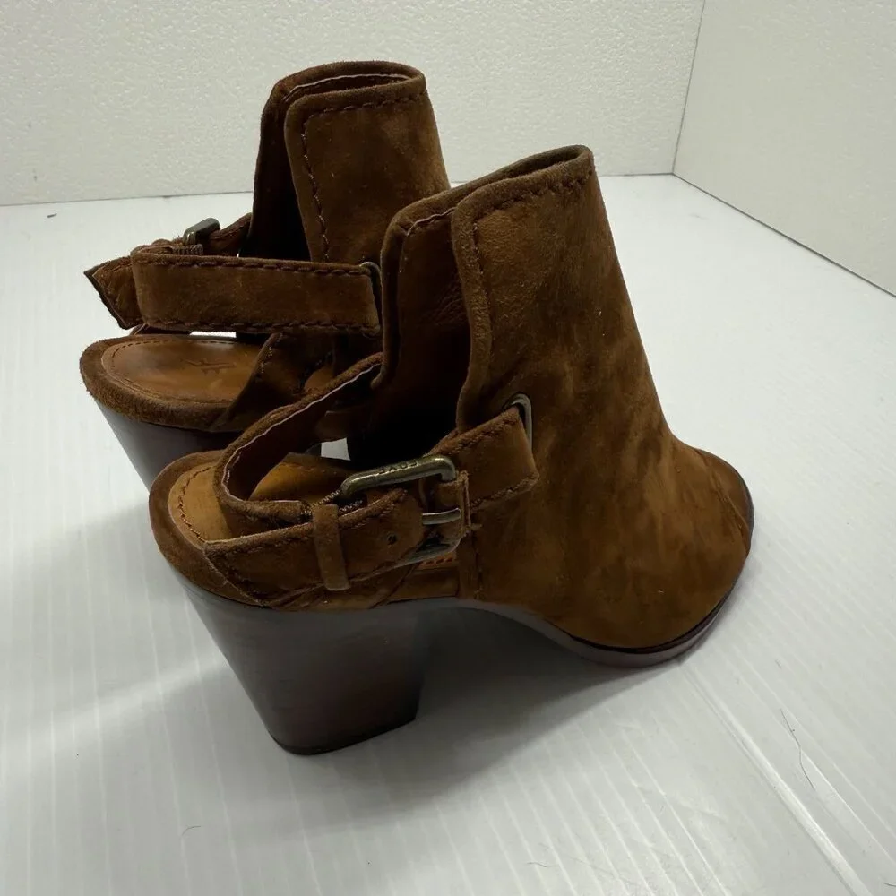 Frye Dani Shield Sling Wood Suede Open Toe Block Heel Booties 6M